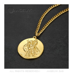 PE0258 BOBIJOO Jewelry Pendant Necklace, Saint Christopher Traveller Steel Gold 25mm