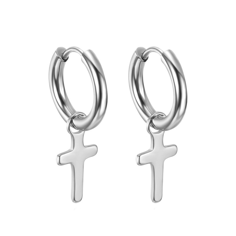 Paire Boucles d'Oreilles Homme Créoles Croix Catholique Acier bobijoo