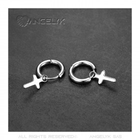 Paire Boucles d'Oreilles Homme Créoles Croix Catholique Acier bobijoo