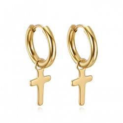 Pair of Men's Creole Earrings Catholic Cross Gold Steel bobijoo
