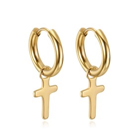 Pair of Men's Creole Earrings Catholic Cross Gold Steel bobijoo