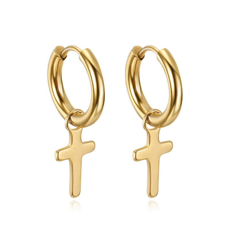 Pair of Men's Creole Earrings Catholic Cross Gold Steel bobijoo