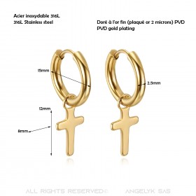 Coppia di orecchini creoli da uomo Croce cattolica in acciaio dorato bobijoo
