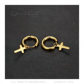 Coppia di orecchini creoli da uomo Croce cattolica in acciaio dorato bobijoo
