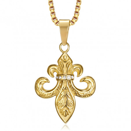 PE0262 BOBIJOO Jewelry Colgante Flor de Lis de Acero, de Circonio, de Oro, Cadena