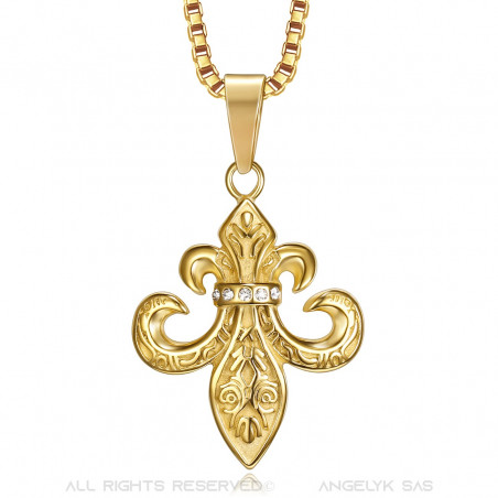 PE0262 BOBIJOO Jewelry Colgante Flor de Lis de Acero, de Circonio, de Oro, Cadena