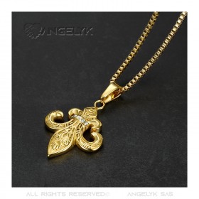 Pendentif Fleur de Lys Acier Zirconium Or Chaîne bobijoo