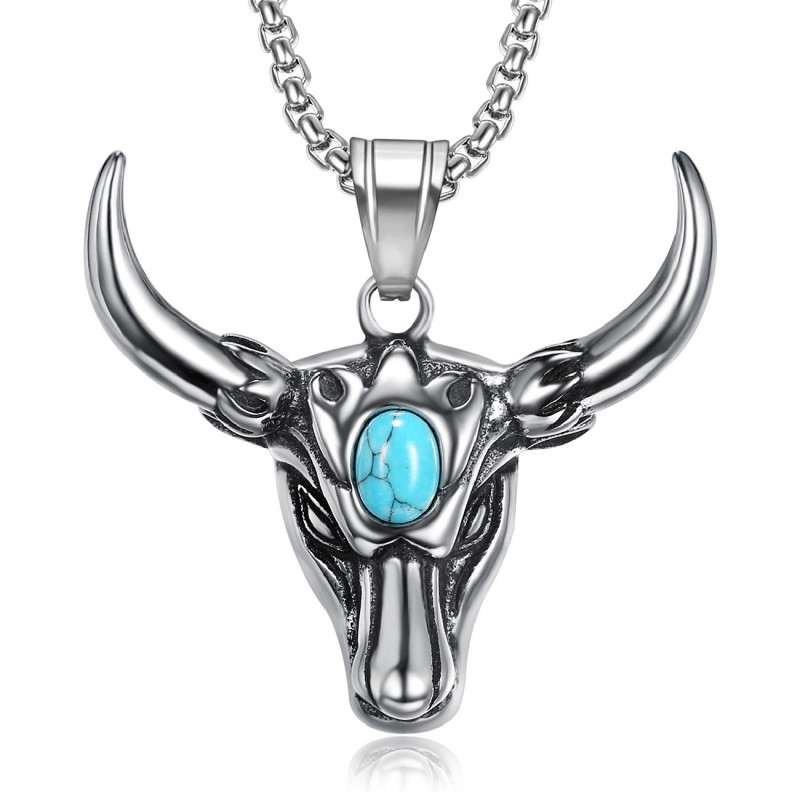 Pendentif Taureau Biker Camargue Turquoise Acier 316L bobijoo