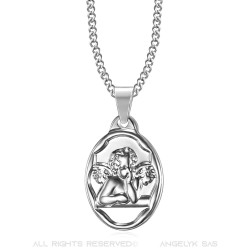 PE0270 BOBIJOO Gioielli Ciondolo Medaglia Angelo Custode Battesimo Argento in Acciaio