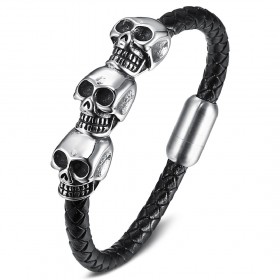 BR0275 BOBIJOO Jewelry Armband Mann Geflochtenem Leder 3 Skull Biker Edelstahl 316L