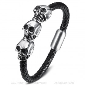 BR0275 BOBIJOO Gioielli Bracciale Uomo in Pelle Intrecciata 3 Teschio Biker Acciaio 316L