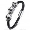 BR0275 BOBIJOO Jewelry Pulsera de Hombre de Cuero Trenzado de 3 Cráneo del Motorista de Acero 316L de