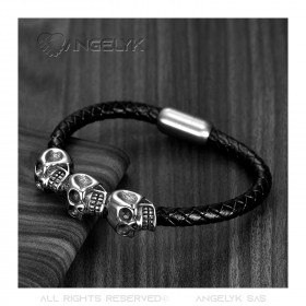 Bracelet Homme Cuir Tressé 3 Skull Biker Acier 316L bobijoo