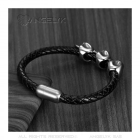 BR0275 BOBIJOO Jewelry Bracelet Man Leather Braided 3 Skull Biker 316L Steel