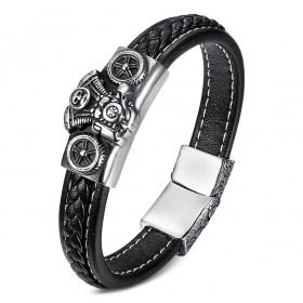 BR0276 BOBIJOO Jewelry Bracelet Man with Black Leather Engine V-Twin Biker 316L Steel