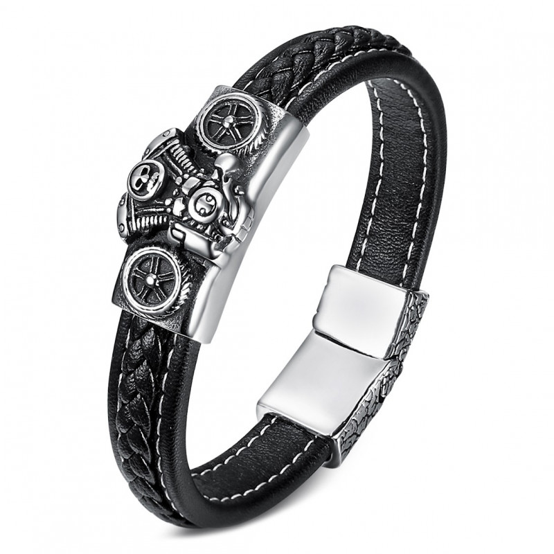 BR0276 BOBIJOO Gioielli Bracciale Uomo in Pelle Nera Motore V-Twin da Biker Acciaio 316L