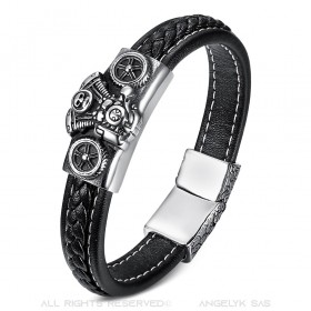 BR0276 BOBIJOO Jewelry Bracelet Man with Black Leather Engine V-Twin Biker 316L Steel