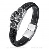 BR0276 BOBIJOO Gioielli Bracciale Uomo in Pelle Nera Motore V-Twin da Biker Acciaio 316L