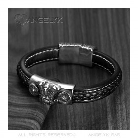 BR0276 BOBIJOO Gioielli Bracciale Uomo in Pelle Nera Motore V-Twin da Biker Acciaio 316L