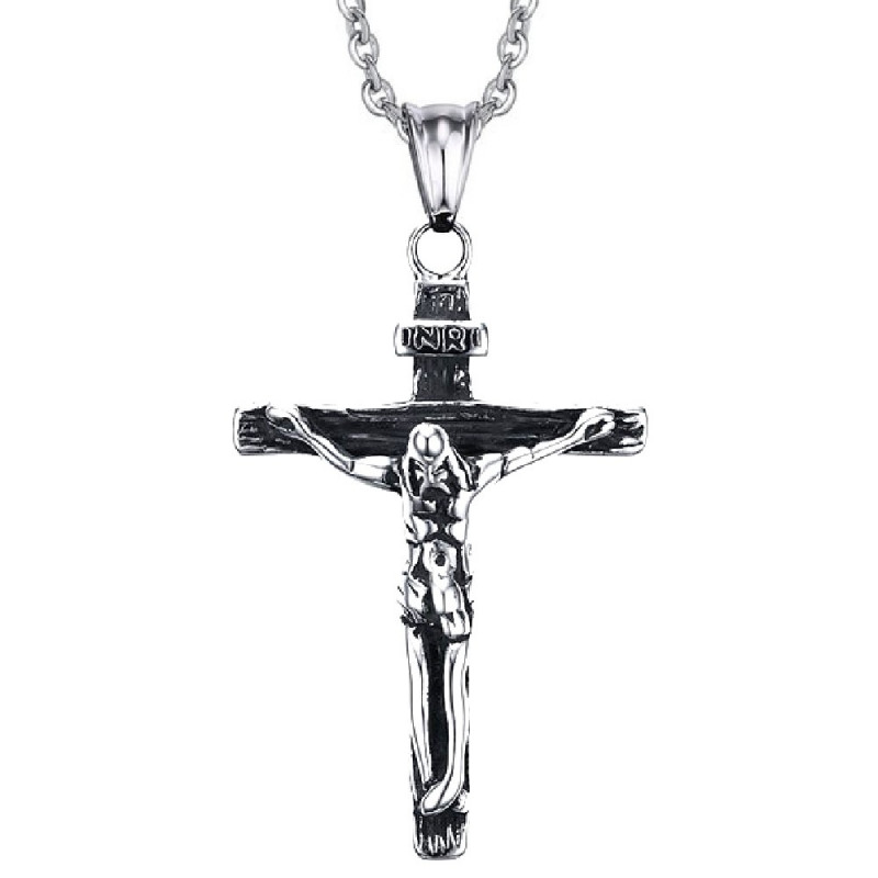 Ensemble Pendentif Croix Latine Jésus Acier Argent Vieilli bobijoo