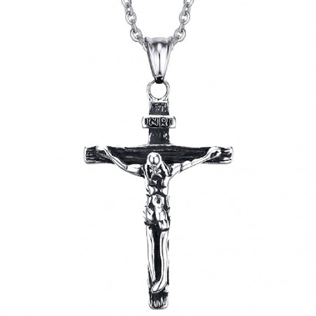 PE0061B BOBIJOO Jewelry Conjunto de Colgante de la Cruz latina de Jesús de Acero de Plata viejo