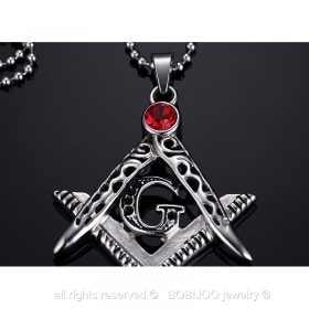 Pendentif Collier Franc Maçon Acier Faux Rubis Rouge bobijoo