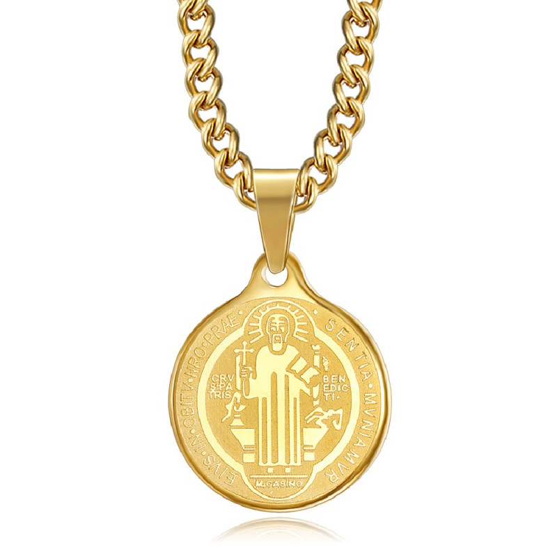 PE0276 BOBIJOO Jewelry Pendant Medal Necklace, St Benedict Steel Gold Chain