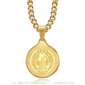 PE0276 BOBIJOO Jewelry Anhänger Medaille Halskette Heiligen Benedikt Stahl-Gold-Kette