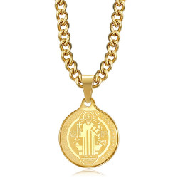 PE0276 BOBIJOO Jewelry Anhänger Medaille Halskette Heiligen Benedikt Stahl-Gold-Kette