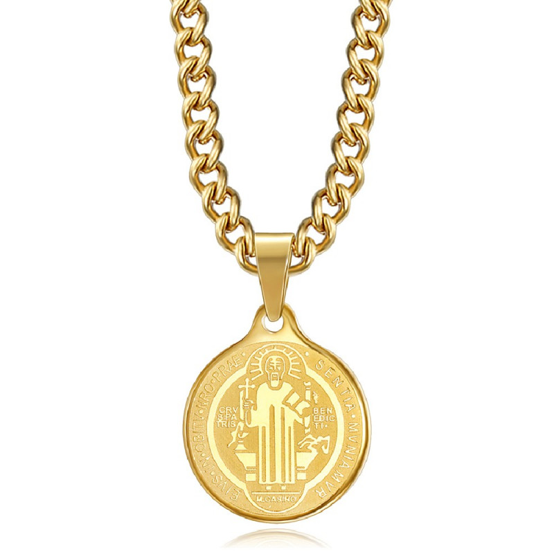 PE0276 BOBIJOO Jewelry Pendant Medal Necklace, St Benedict Steel Gold Chain PE0276 BOBIJOO Jewelry Pendant Medal Necklace, St Benedict Steel Gold Chain