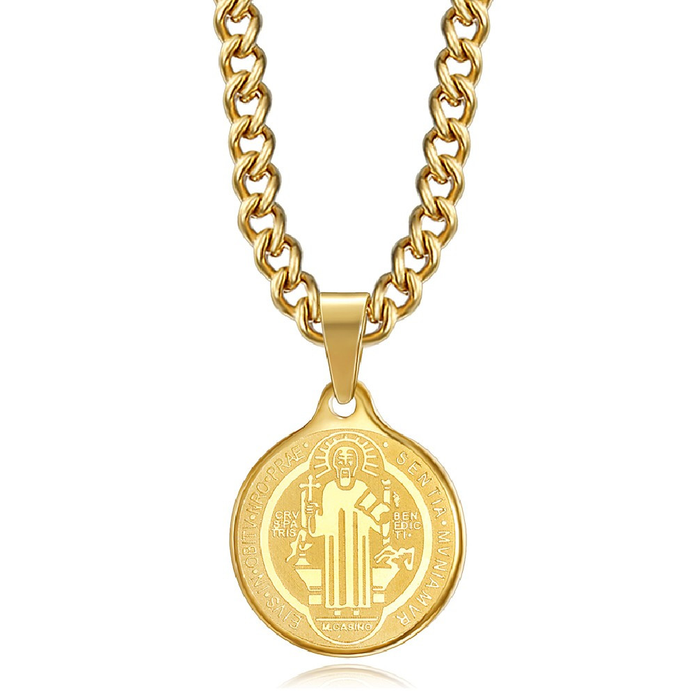 Pendentif Médaille Collier Saint Benoît Acier Or Chaîne bobijoo