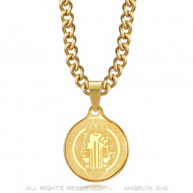 PE0276 BOBIJOO Jewelry Anhänger Medaille Halskette Heiligen Benedikt Stahl-Gold-Kette