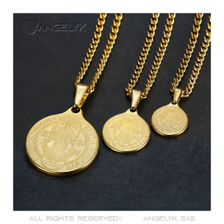 PE0276 BOBIJOO Jewelry Pendant Medal Necklace, St Benedict Steel Gold Chain