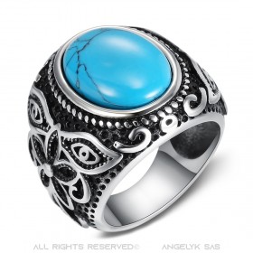 Chevalière Bague Biker Turquoise Fleur 21mm bobijoo