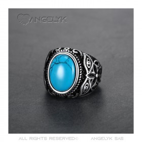 Chevalière Bague Biker Turquoise Fleur 21mm bobijoo