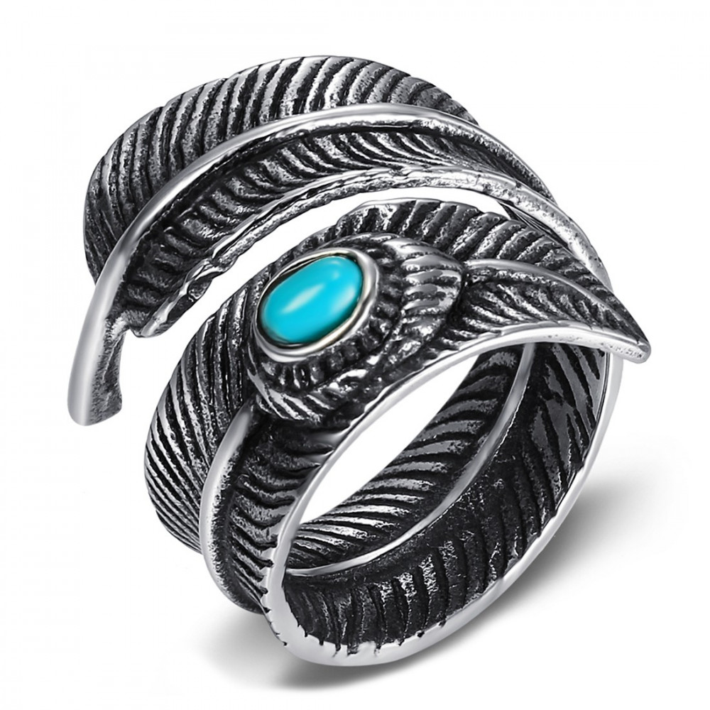 BA0367 BOBIJOO Jewelry Signet Ring Biker Indian Feather Turquoise US
