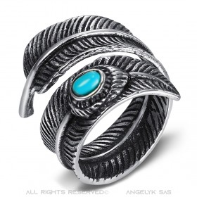 Chevalière Bague Biker Indien Plume Turquoise USA bobijoo