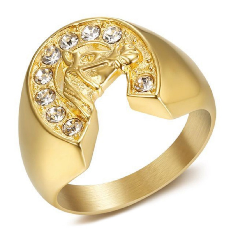 BA0369 BOBIJOO Anello con sigillo di gioielli in acciaio con diamanti Elvis a ferro di cavallo in oro