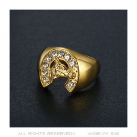 BA0369 BOBIJOO Jewelry Signet Ring Steel Gold Horseshoe Elvis Diamonds