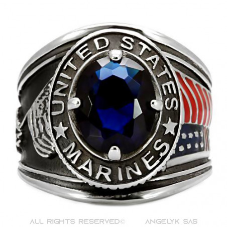 BA0371 BOBIJOO Jewelry Signet Ring Military Marine USA Steel Blue Silver