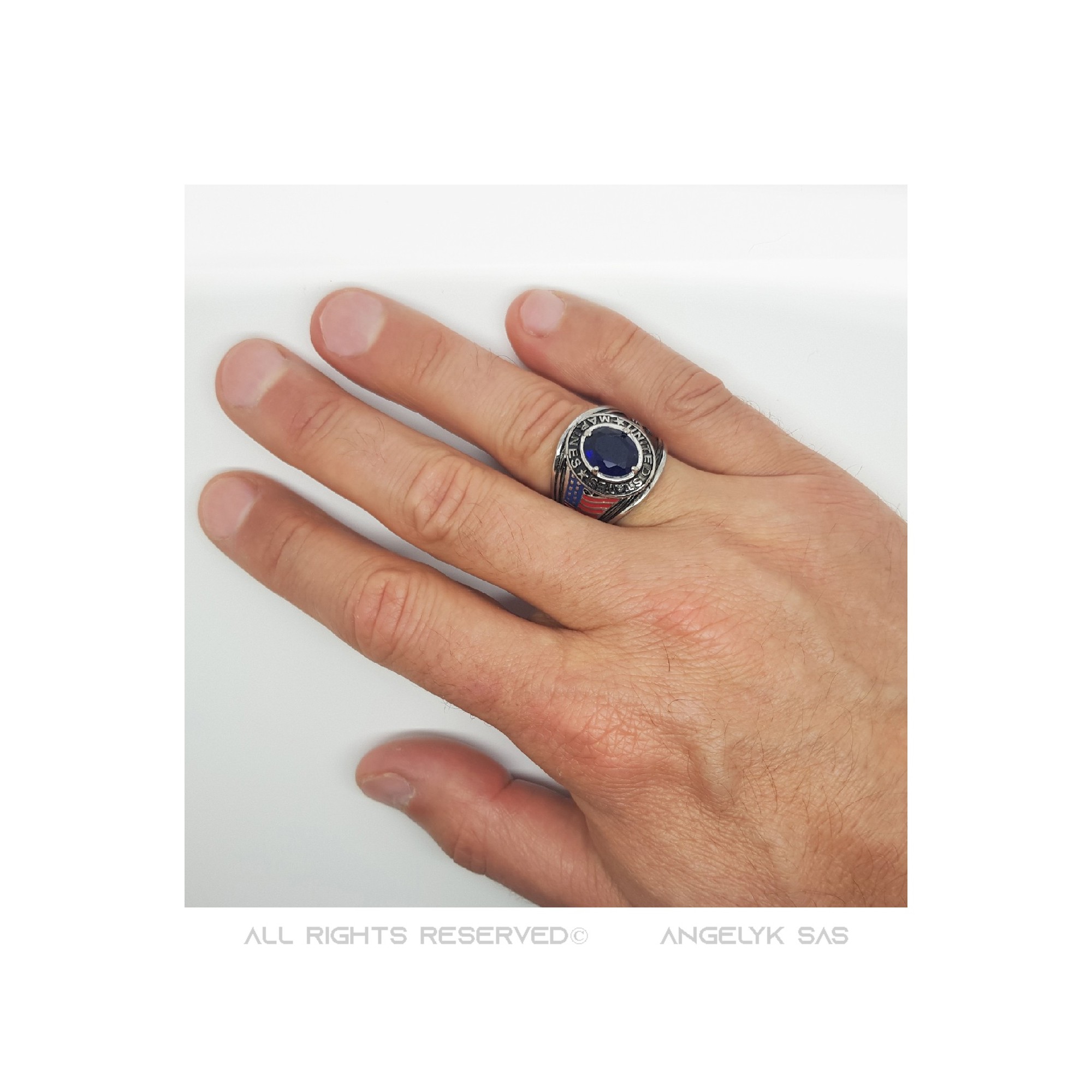 Bague militaire Marines USA Acier inoxydable Argent Bleu