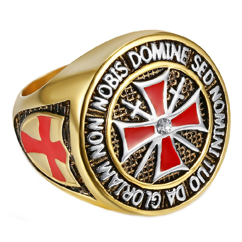 Bague Chevalière Ordre Templier Doré Or Fin Croix Rouge Acier bobijoo