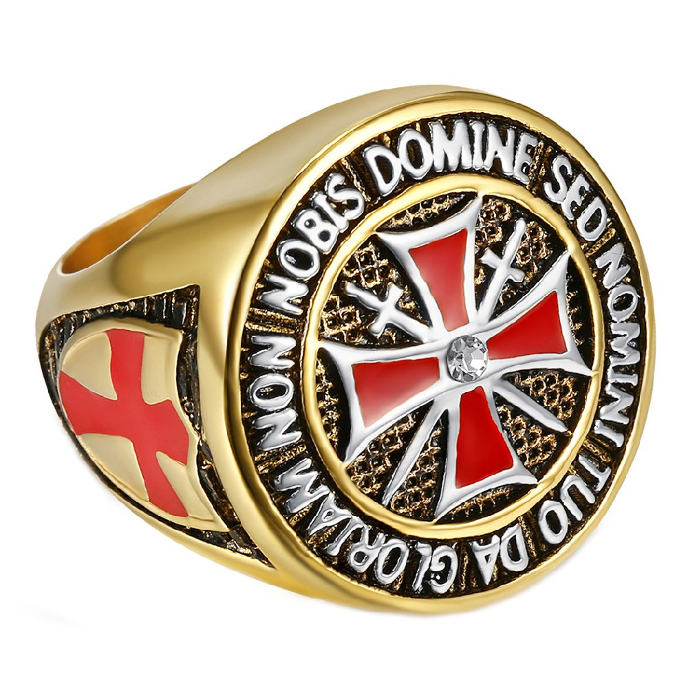 BA0016 BOBIJOO Jewelry Ring Knight Order Templar Gilt Gold End Red Cross Steel