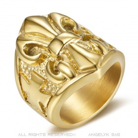 Bague Chevalière Fleur de Lys Acier Or Templier bobijoo