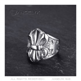 Bague Chevalière Fleur de Lys Acier Argent Templier bobijoo