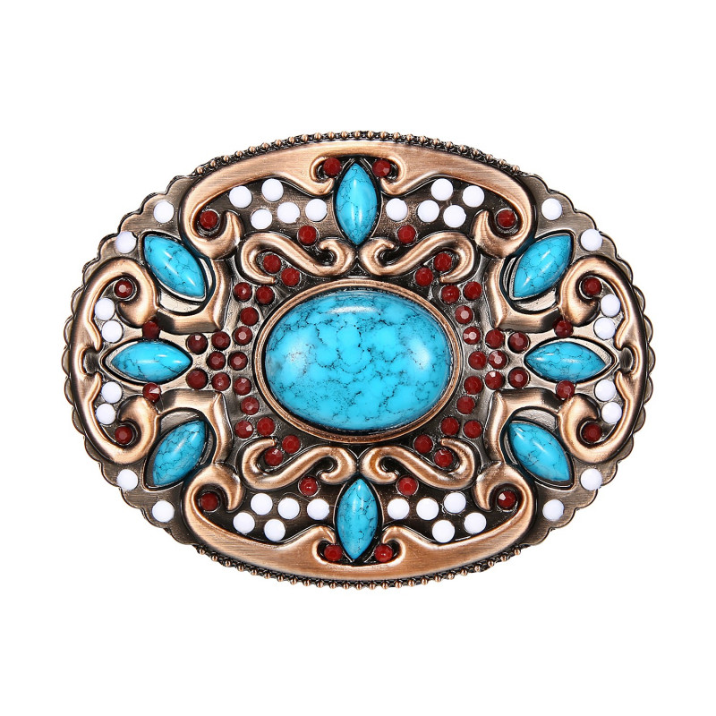 BOBIJOO Jewelry - Fibbia per cintura ovale in bronzo con turchesi