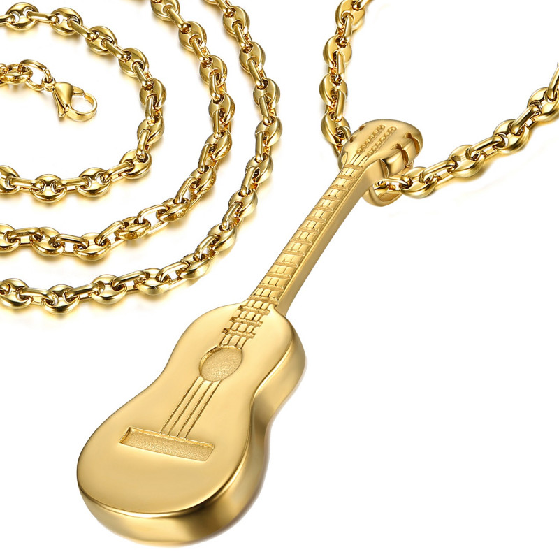 PE0175B LE BAGACIER Anhänger Gitarre Reisenden Gipsy Stahl-Gold + Kette-Kaffee -