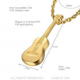 PE0175B LE BAGACIER Anhänger Gitarre Reisenden Gipsy Stahl-Gold + Kette-Kaffee -