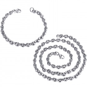 COH0024 BOBIJOO Jewelry Set Chain + Bracelet Coffee Bean Steel Silver