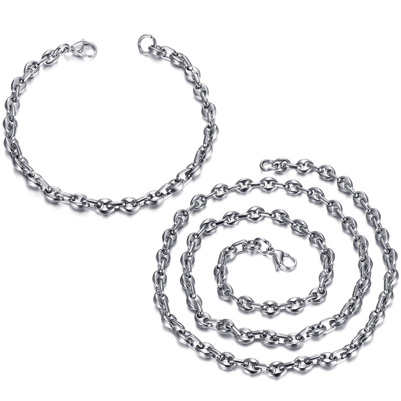 Set catena + bracciale chicco di caffè in acciaio argento bobijoo